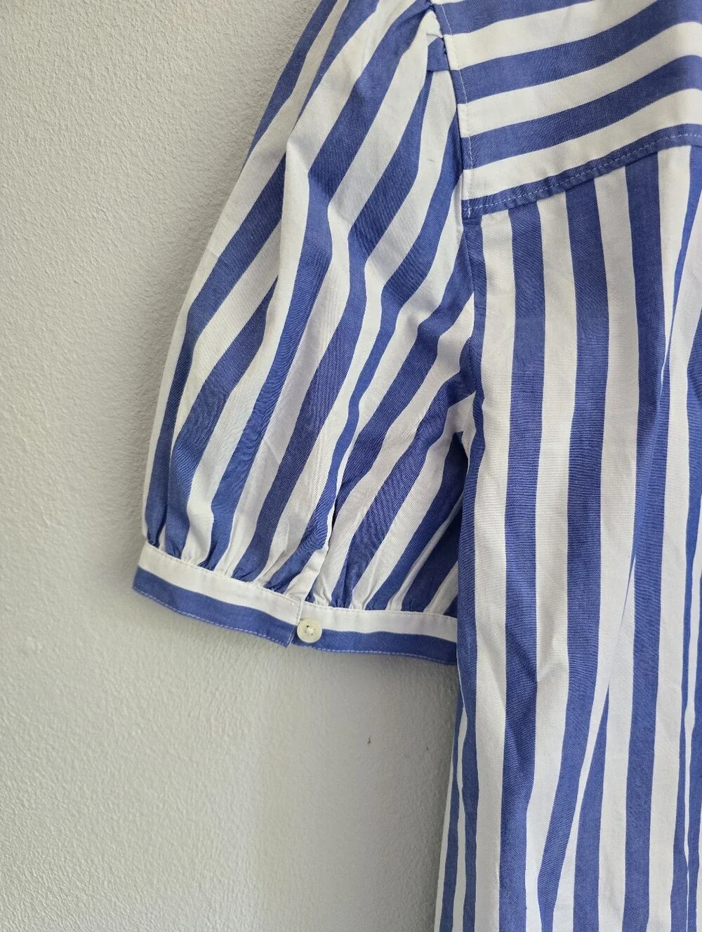 J. Crew Blue and White Vertical-Striped Puff-Sleeve Blouse